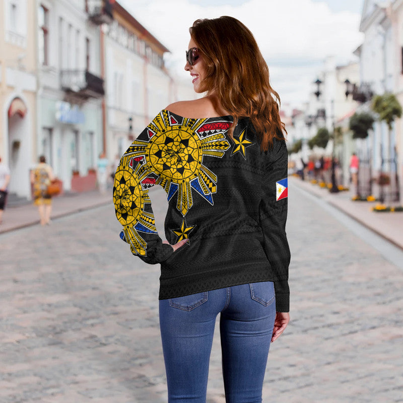 Women’s off-shoulder sweater back, dark black with yellow tribal sun and star print