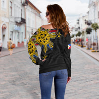 Women’s off-shoulder sweater back, dark black with yellow tribal sun and star print
