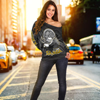 Black off-shoulder women’s sweater with large Samoa eagle graphic on front
