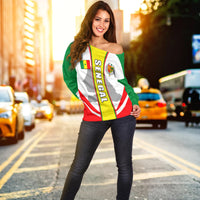 Women’s off-shoulder sweater with Senegal flag print, green/white/red panels, long sleeves.