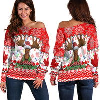 Red off-shoulder sweater, front/back view, moose and "Canada Christmas" festive print