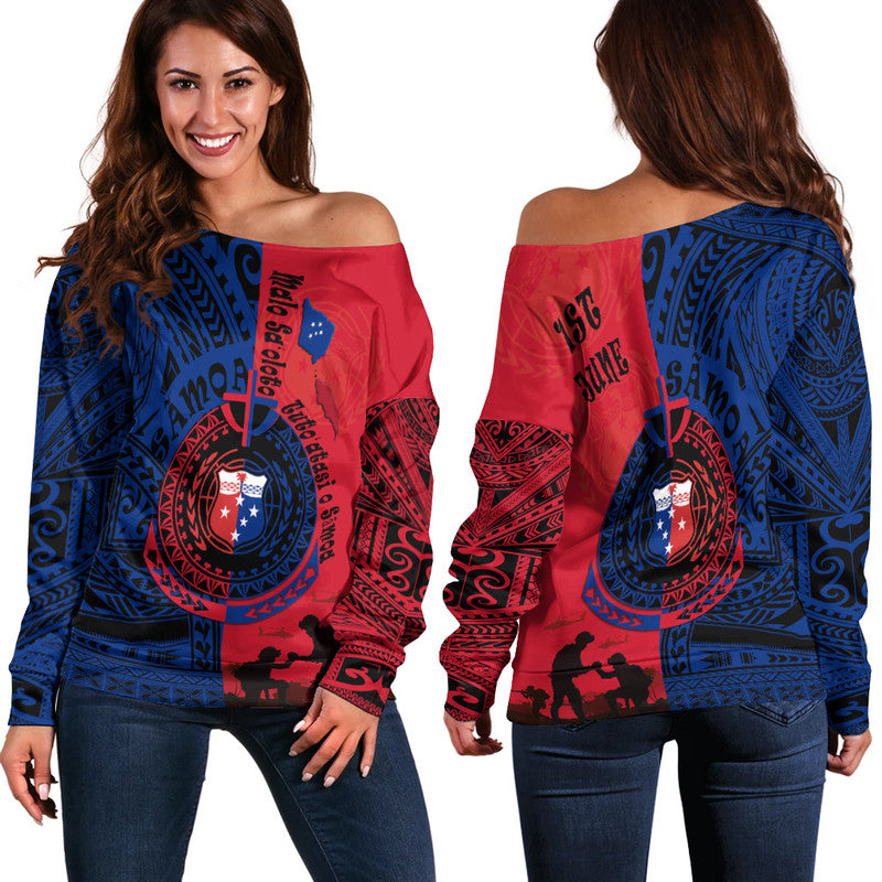Women off-shoulder sweater, red and blue Polynesian-style print with bold circular emblem