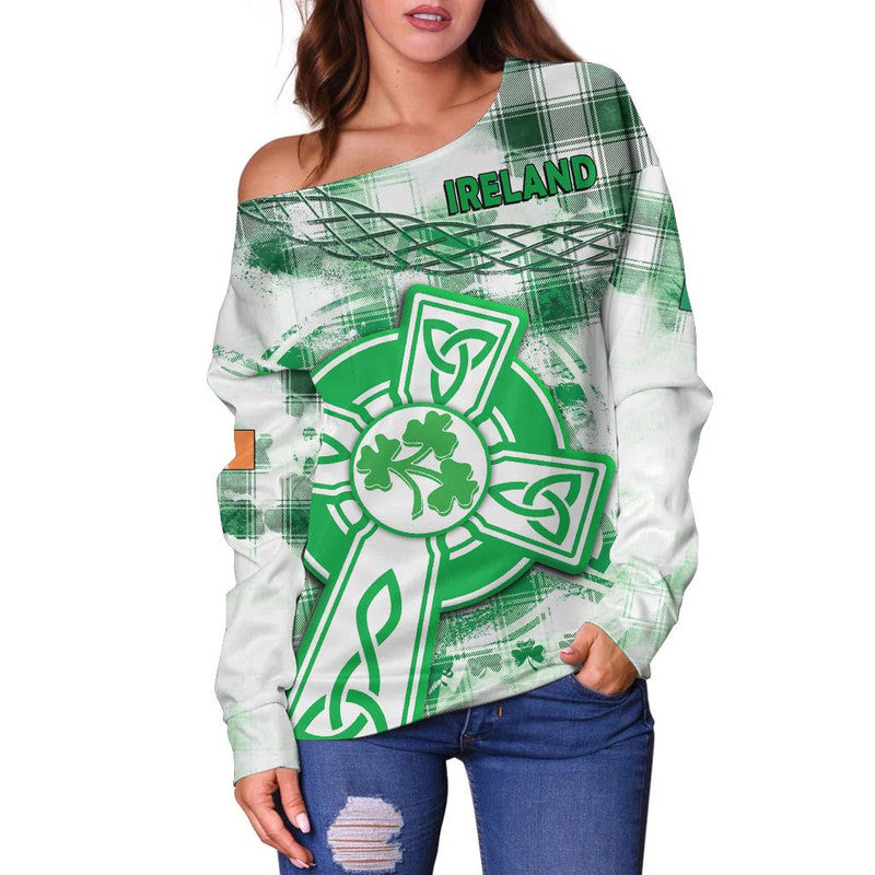 Ireland Cross Cricket Team Women Off Shoulder Sweater Celtic Irish Green Pattern Unique - Wonder Print Shop