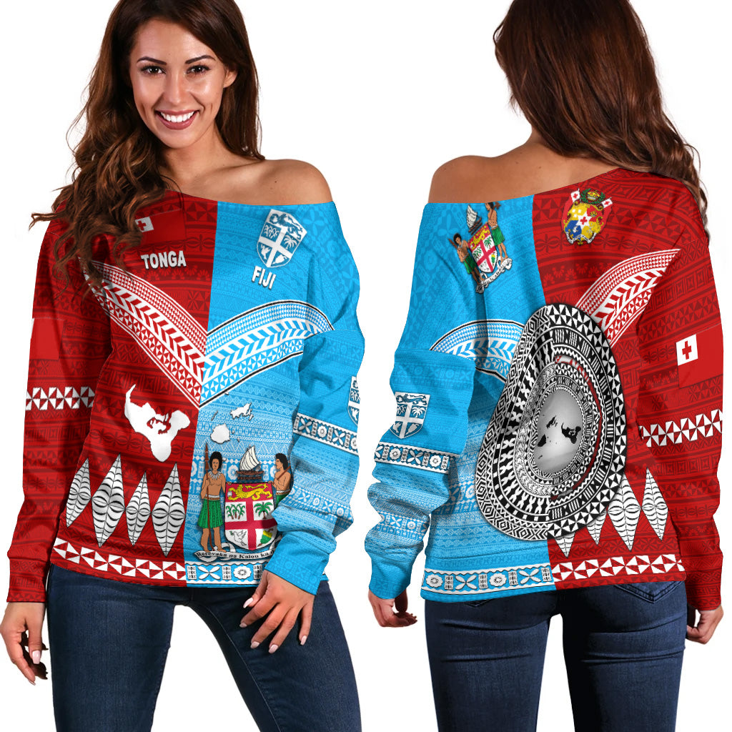 Off-shoulder knit sweater with bold red and blue island graphic, long sleeves