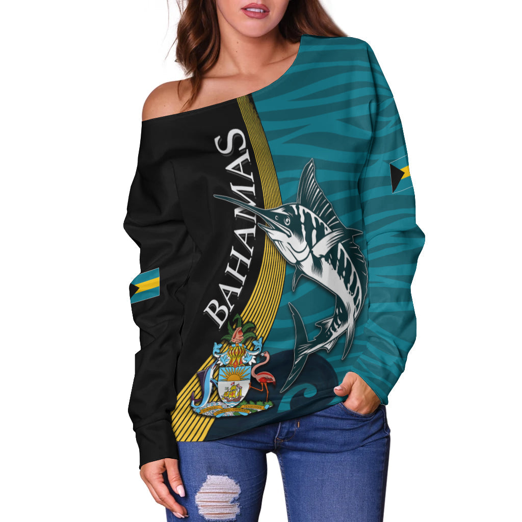 Off-shoulder sweatshirt with Bahamas lettering and large shark print, black and teal