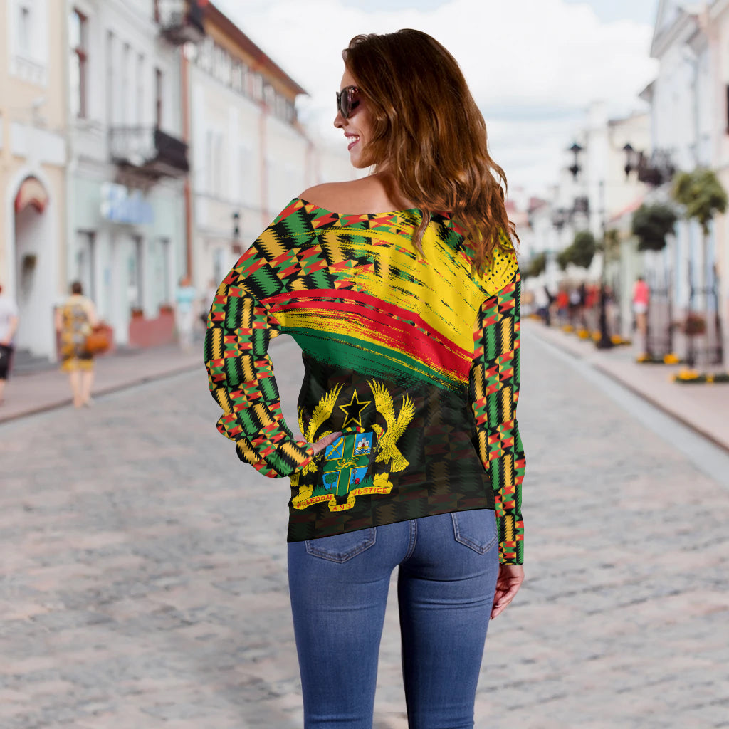 Off-shoulder sweater, long sleeves; back view shows CHANA text and Ghana emblem