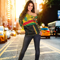 Women’s off-shoulder sweater with long sleeves, Ghana graphic print on dark base