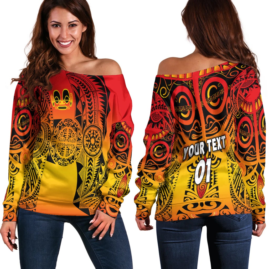 Women off-shoulder top with red-yellow gradient tattoo print, long sleeves, back text