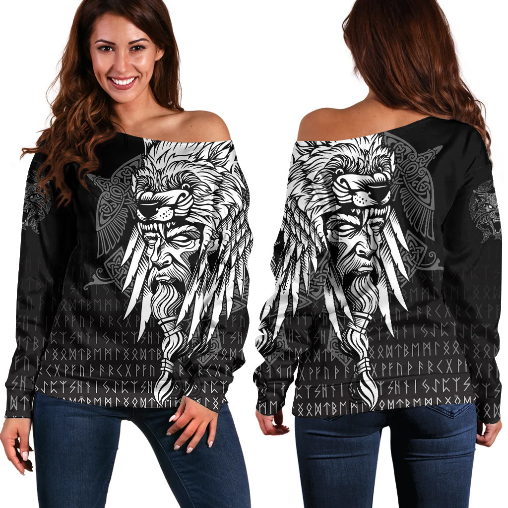 Viking Women's Off Shoulder Sweater Odin Raven and Fenrir On Hand RLT12 - Wonder Print Shop