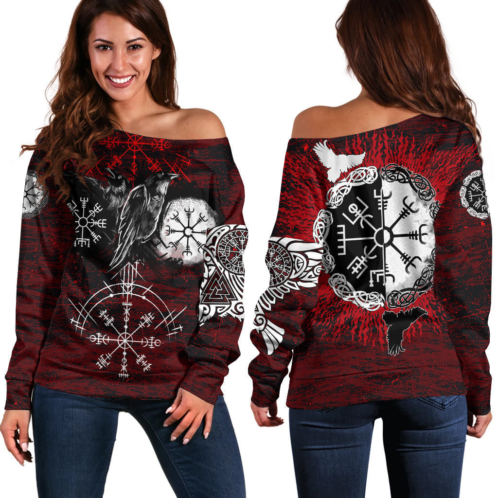 Viking Women's Off Shoulder Sweater Raven Of Odin and Symbol Viking On Blood Background RLT12 - Wonder Print Shop