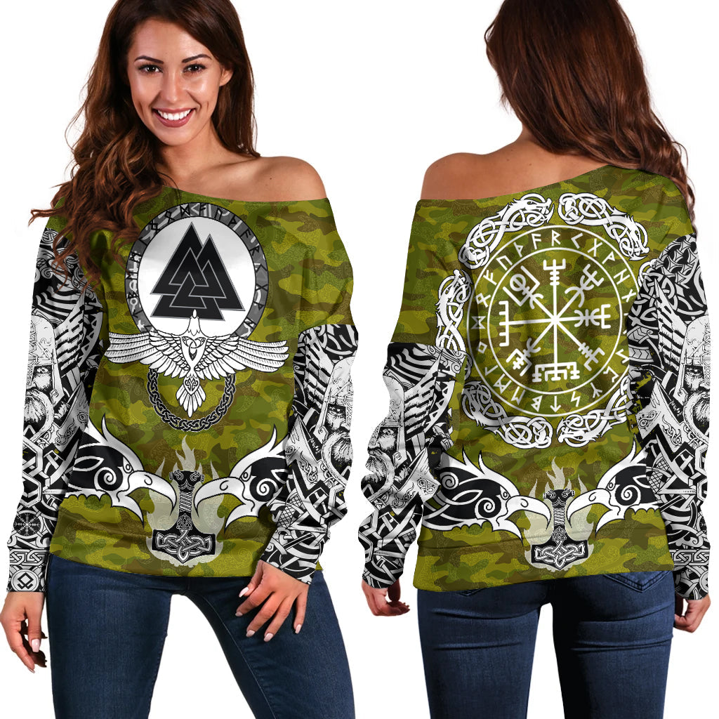 Viking Women's Off Shoulder Sweater Raven Of Odin and Symbol Viking On Camo Background RLT12 - Wonder Print Shop