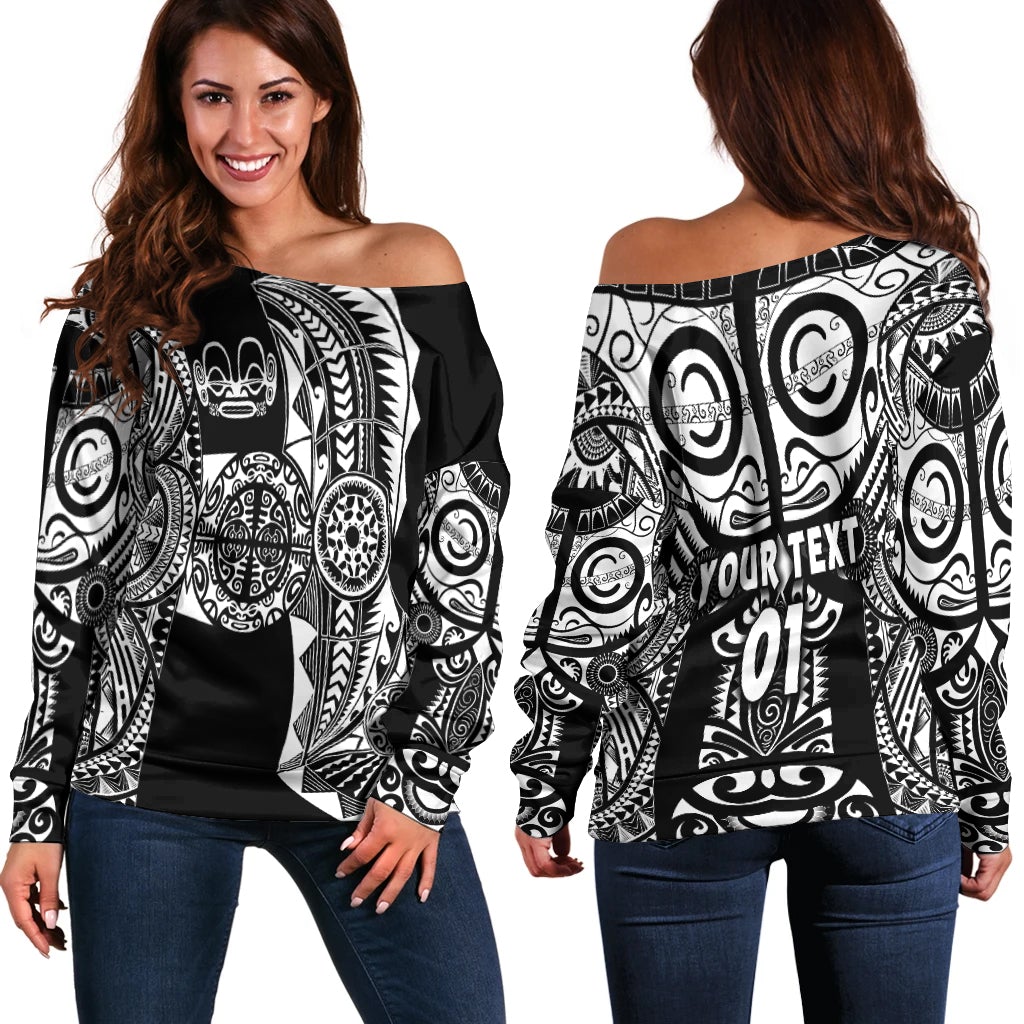 Schulterfreies Damen-Oberteil, schwarzer Stoff mit tribalem Tattoo-Muster in Schwarz/Weiß