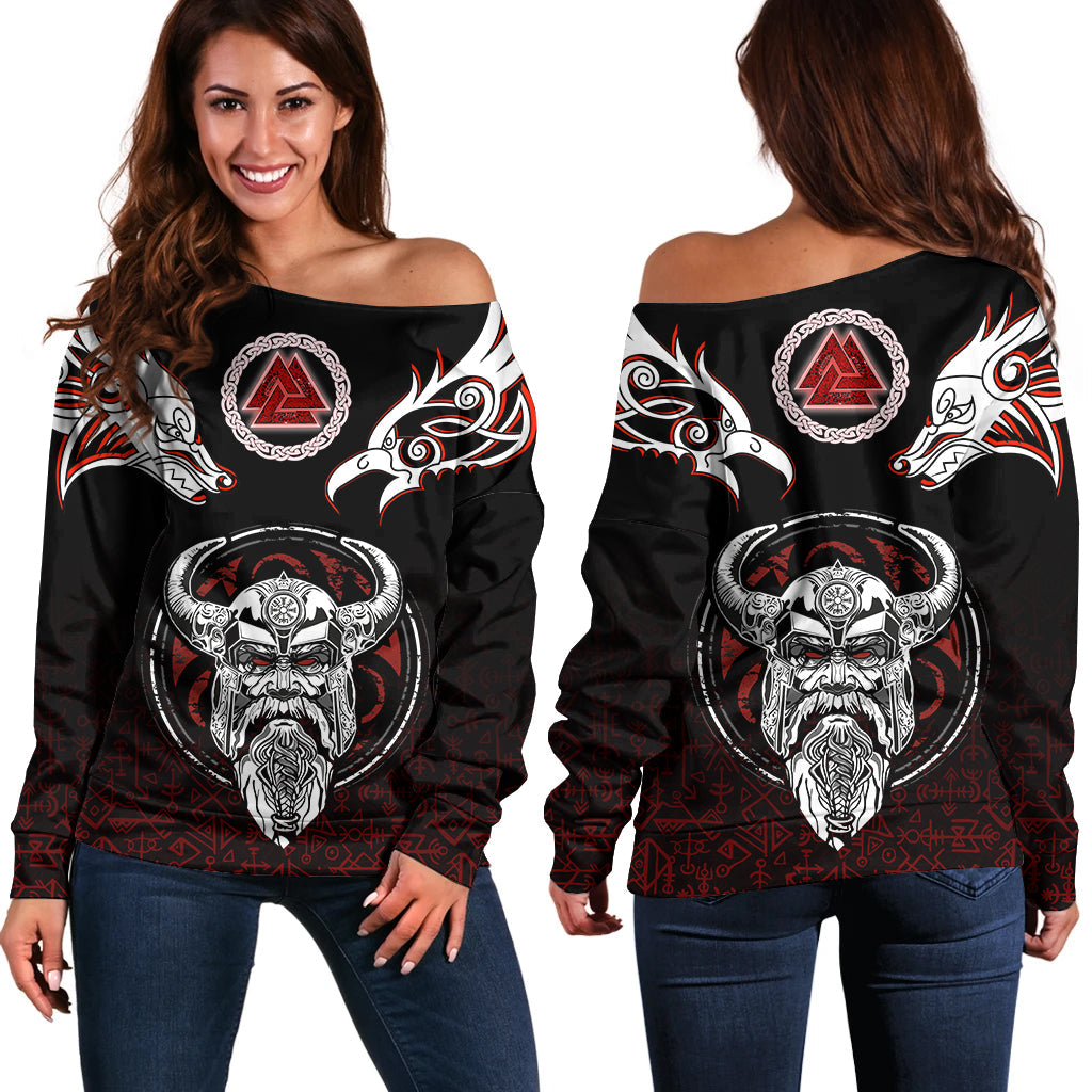 Viking Women's Off Shoulder Sweater Odin, Raven, Fenrir and Valknut RLT12 - Wonder Print Shop