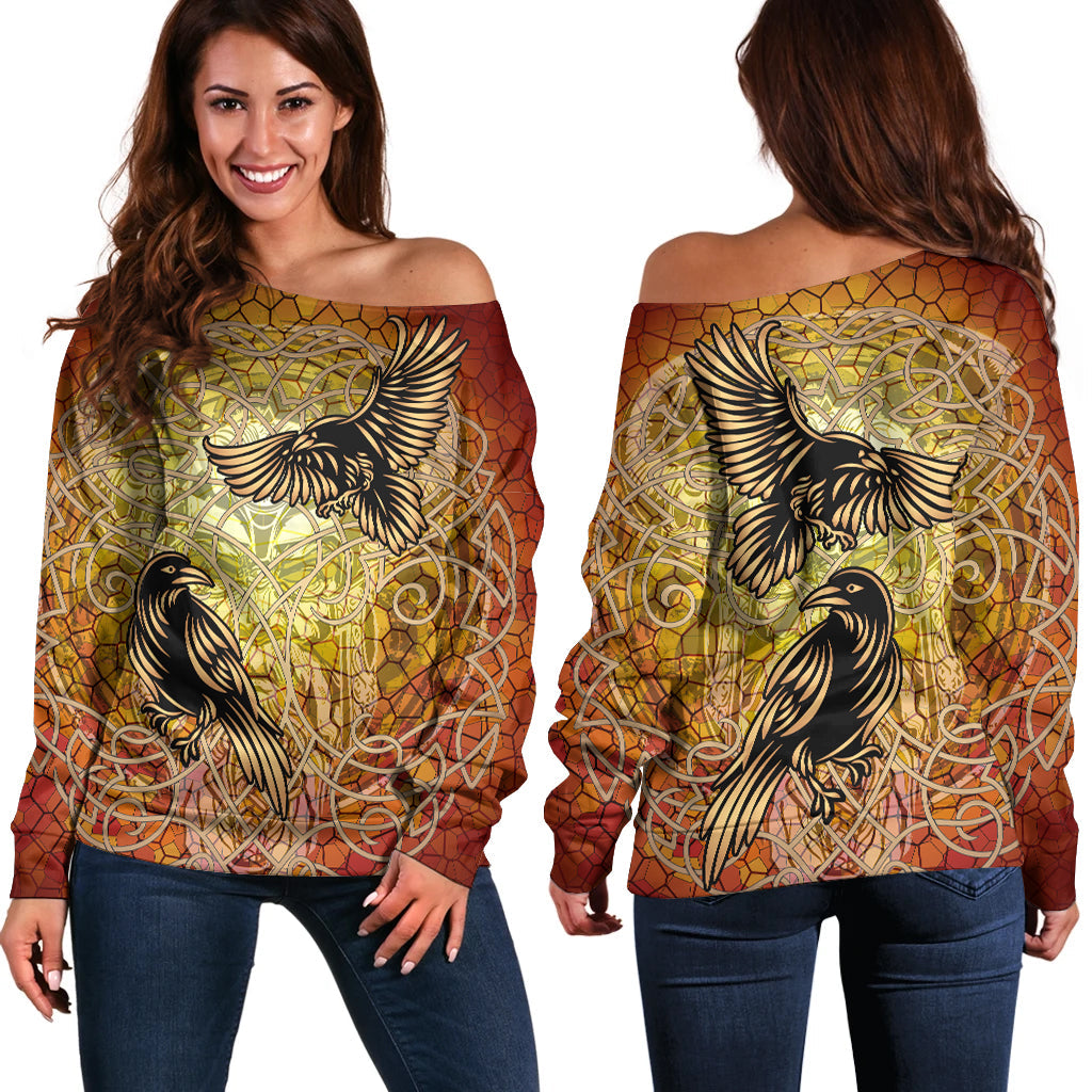 Viking Celtic Symbol Women's Off Shoulder Sweater Huginn and Muninn Of Odin On Yggdrasil Gold RLT12 - Wonder Print Shop