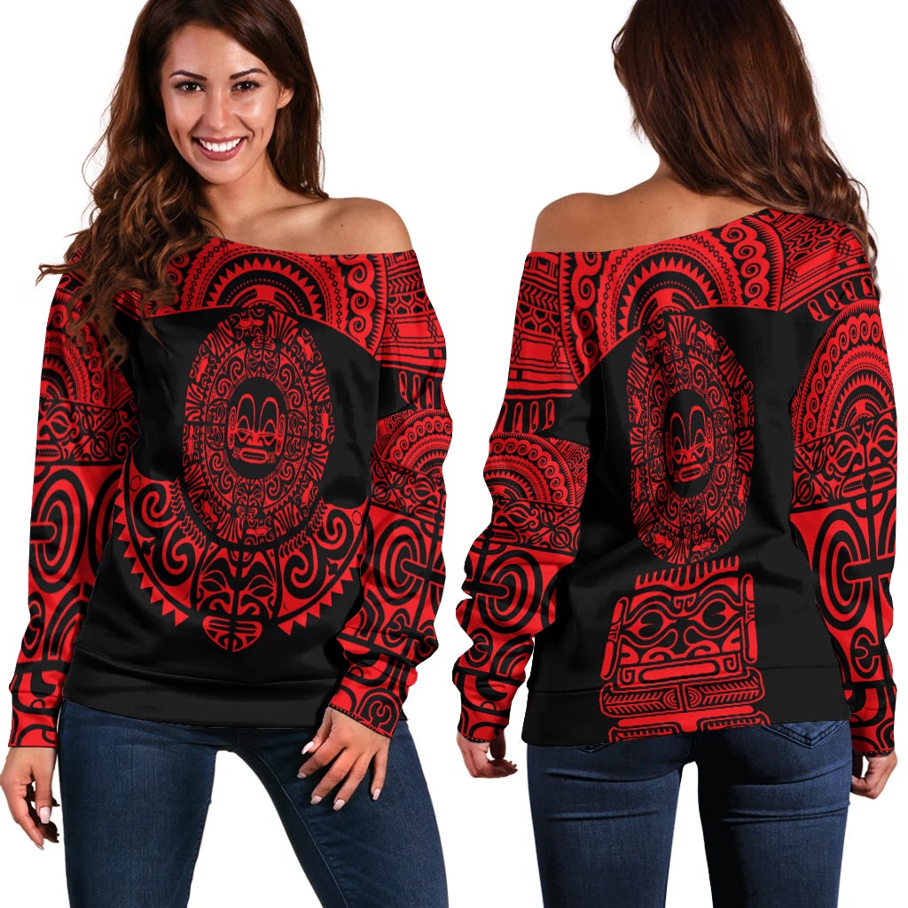 Women off-shoulder long-sleeve top with black and red tribal tattoo print