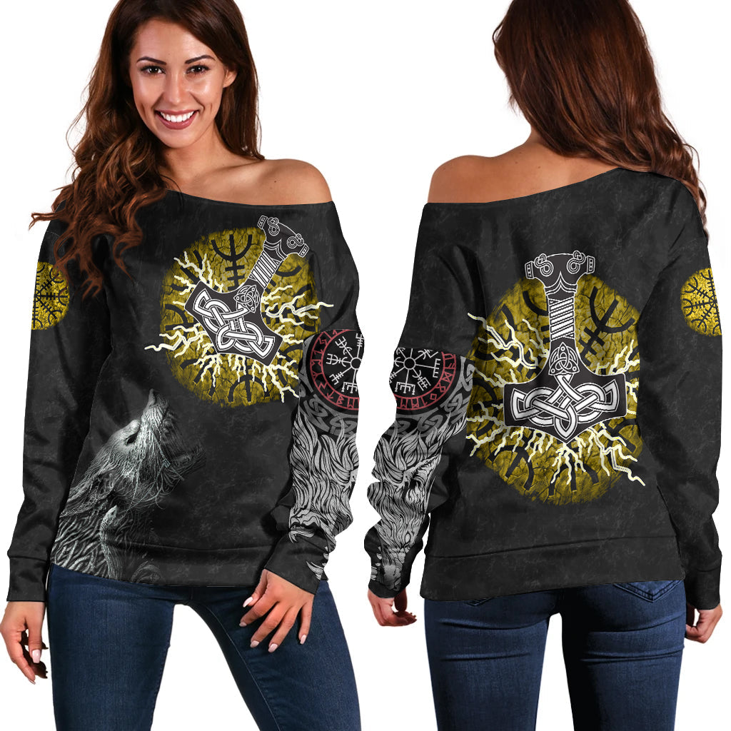 Viking Women's Off Shoulder Sweater - Fenrir Fight Mjolnir Of Thor On Helm Of Awe RLT12 - Wonder Print Shop