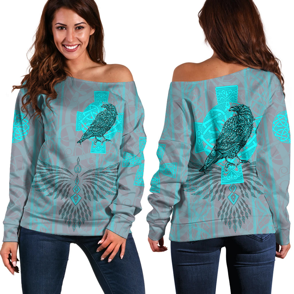 Viking Women's Off Shoulder Sweater Odin's Celtic Raven - Scandinavian Tattoo Style Cyan RLT12 - Wonder Print Shop