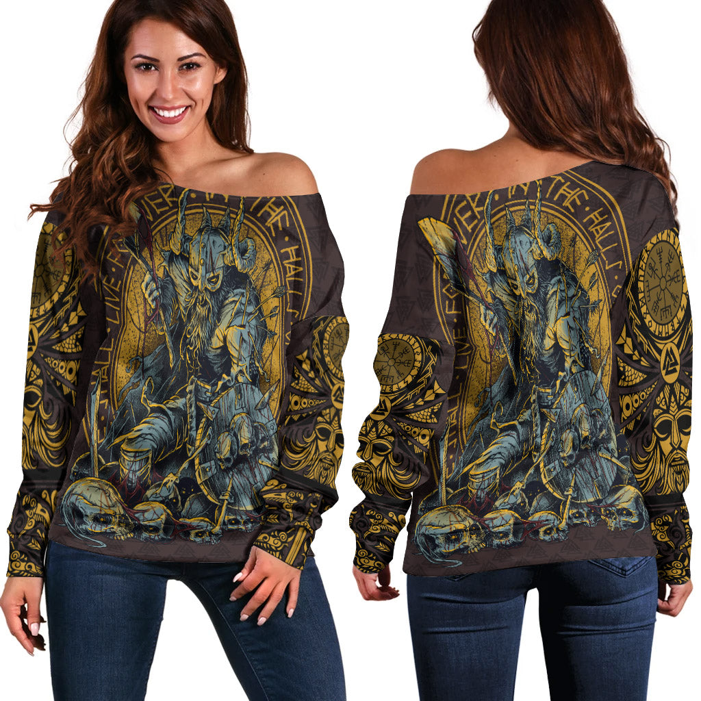 Viking Off Shoulder Sweater Warrior Viking Shield Skull RLT12 - Wonder Print Shop