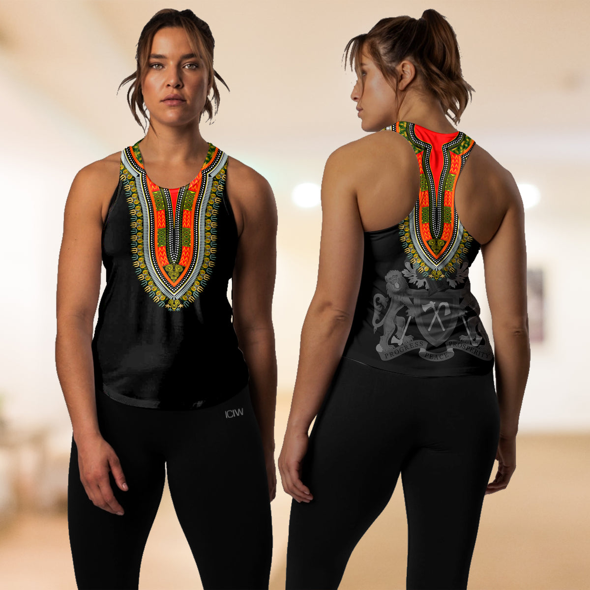Women black dashiki-style tank top with colorful neckline embroidery