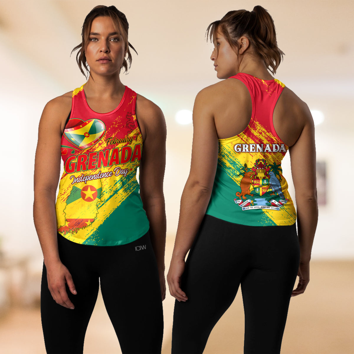 Women's Grenada graphic tank top, red yellow green front and back