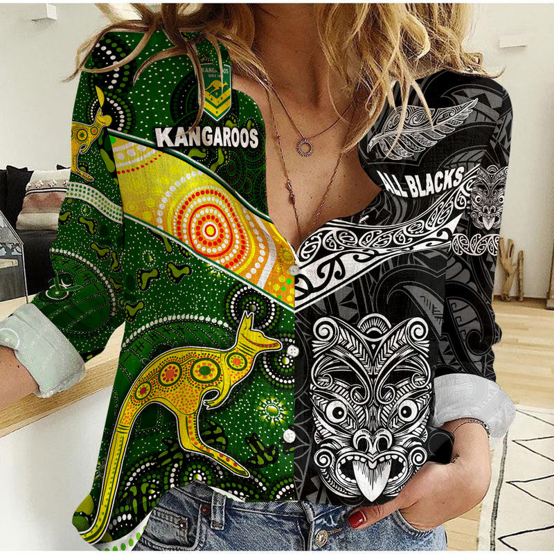 New Zealand Maori All Black And Australia Kangaroos Aboriginal Woman Casual Shirt Rugby Together LT8 - Wonder Print Shop