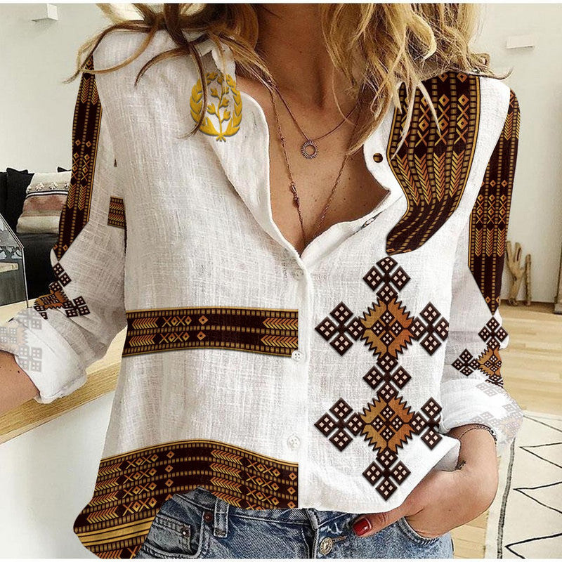 Eritrea Women Casual Shirt Fancy Simple Tibeb Style - White LT8 - Wonder Print Shop