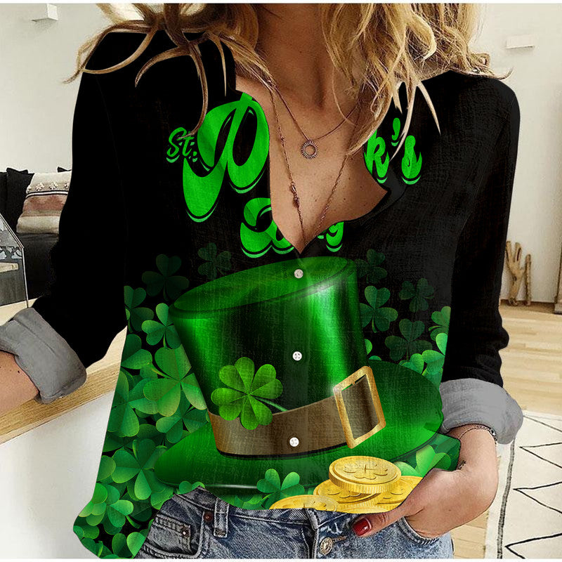 (Custom Personalised) St Patricks Day Women Casual Shirt Green Leprechaun Hat With Clover Leaf - Wonder Print Shop