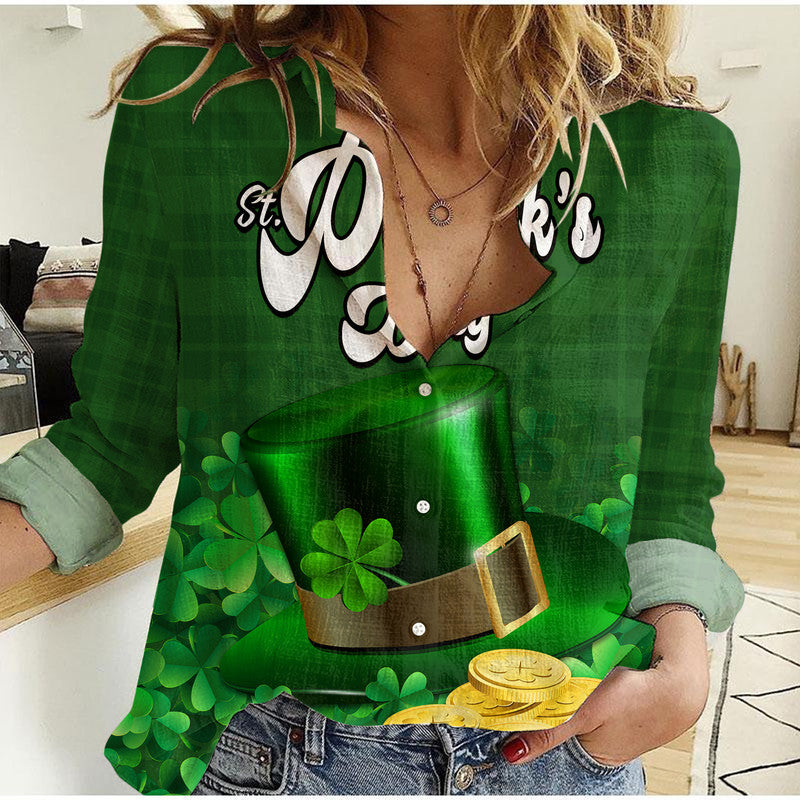 St Patricks Day Women Casual Shirt Green Leprechaun Hat With Clover Leaf No2 - Wonder Print Shop