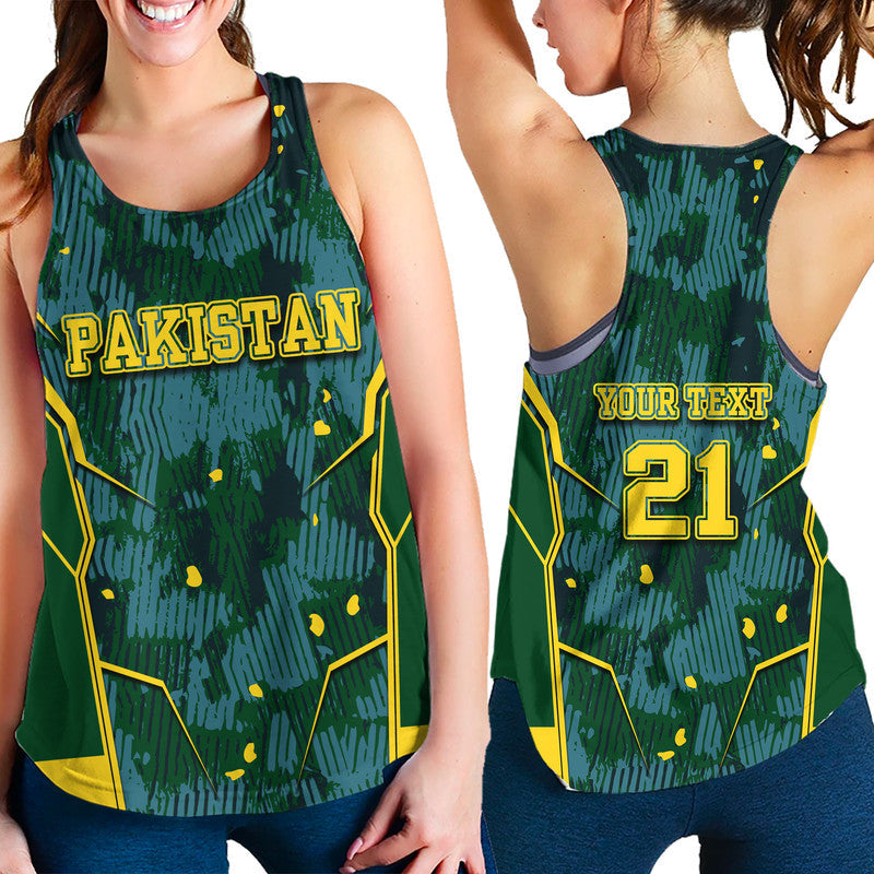 Green racerback tank with Pakistan team graphic and yellow outlined 21