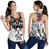 Women’s racerback tank, white with black/red/blue geometric print and turtle emblem