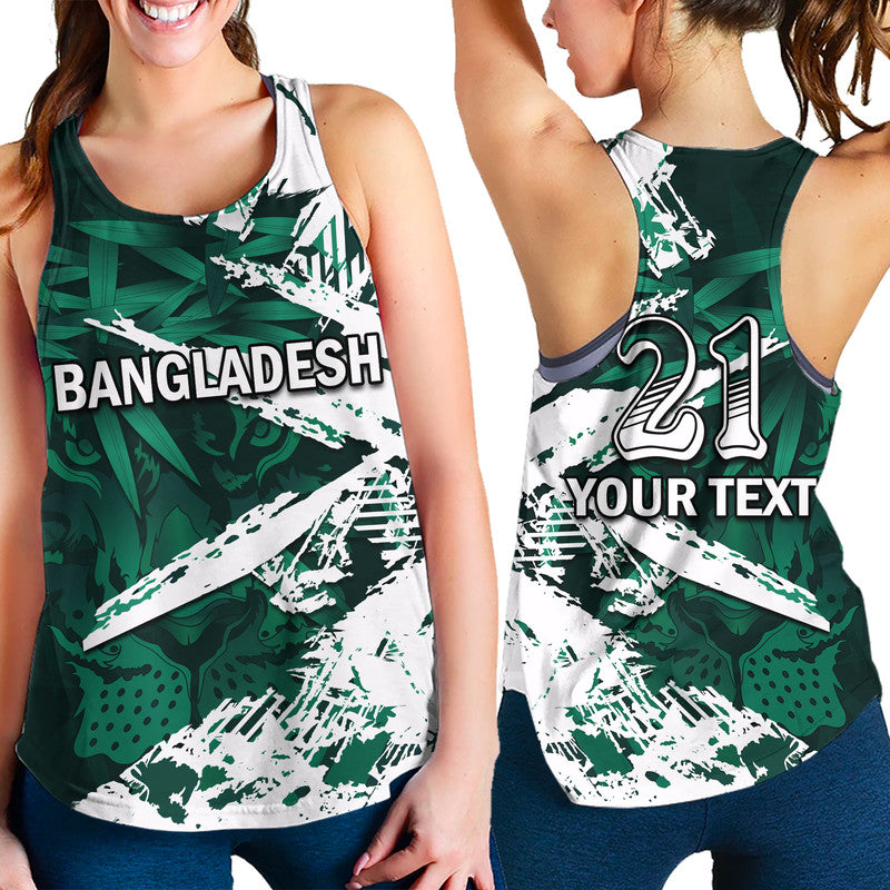 Women’s green racerback tank with white splatter graphic, BANGLADESH text and 21 print