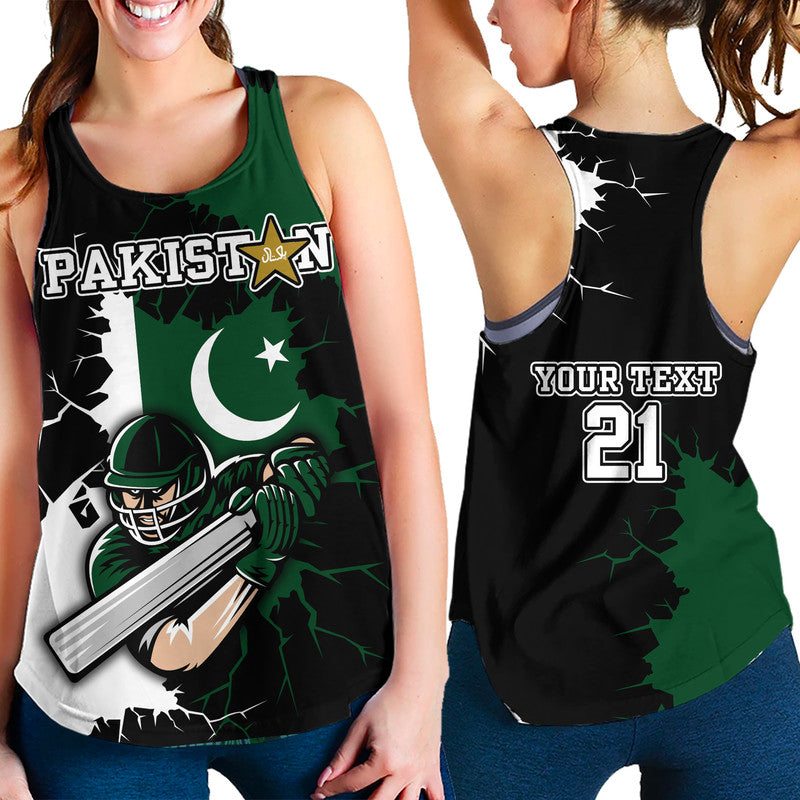 Pakistan cricket flag racerback tank, black with green/white graphic and PAKISTAN text