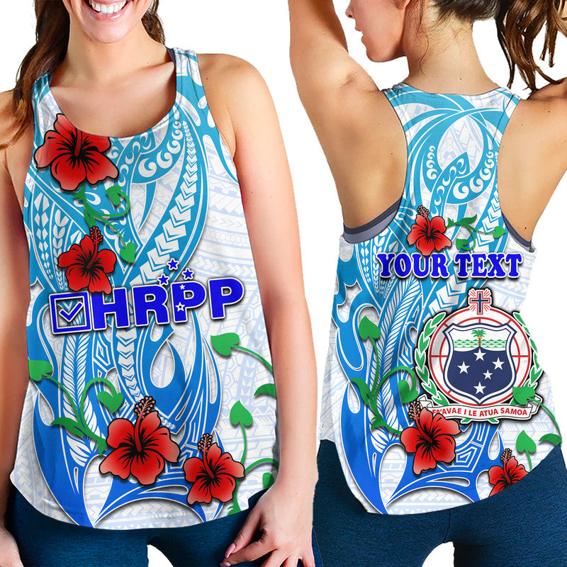 Blue women's racerback tank with tribal pattern, hibiscus flowers, and custom text
