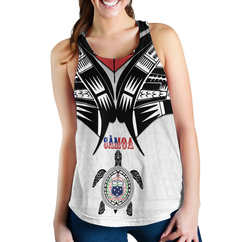 Women’s racerback tank front view, white with black burst shapes and turtle graphic