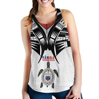Women’s racerback tank front view, white with black burst shapes and turtle graphic