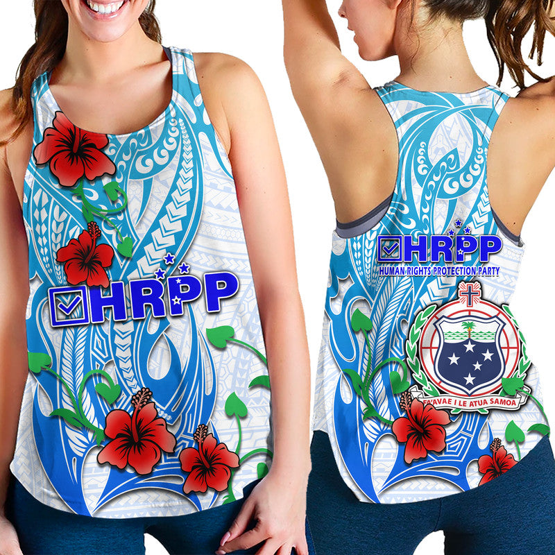 Blue women's racerback tank with tribal Samoan print and red hibiscus flowers