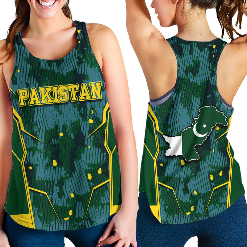 Green racerback tank top with Pakistan team crest and yellow geometric graphics