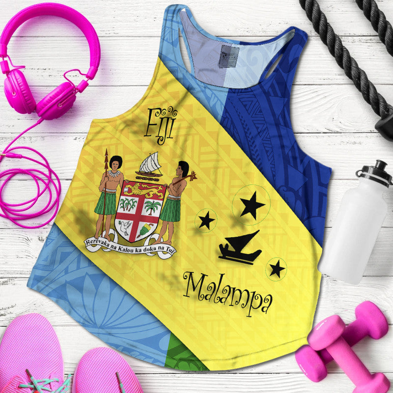 Women’s racerback tank, yellow front panel with blue Polynesian-style graphic print