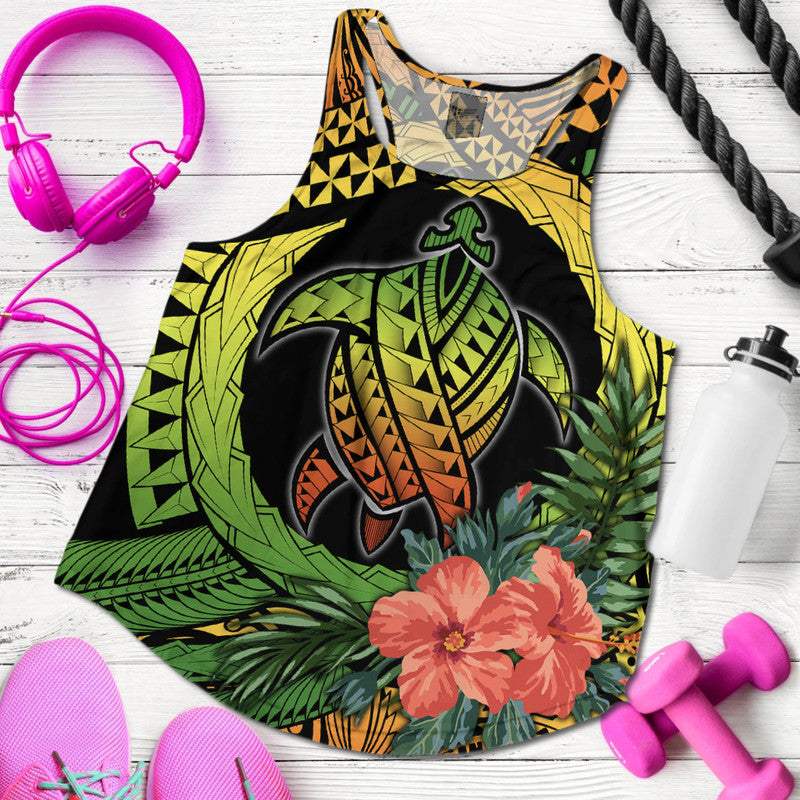 Women’s racerback tank with turtle and hibiscus tropical graphic, multicolor