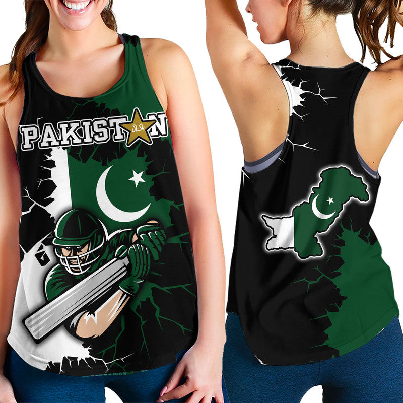 Pakistan cricket racerback tank top with green-and-black player graphic
