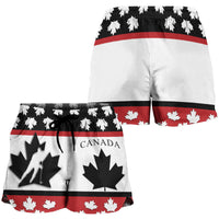 Canada women’s shorts, white/red/black maple-leaf print, drawstring elastic waist