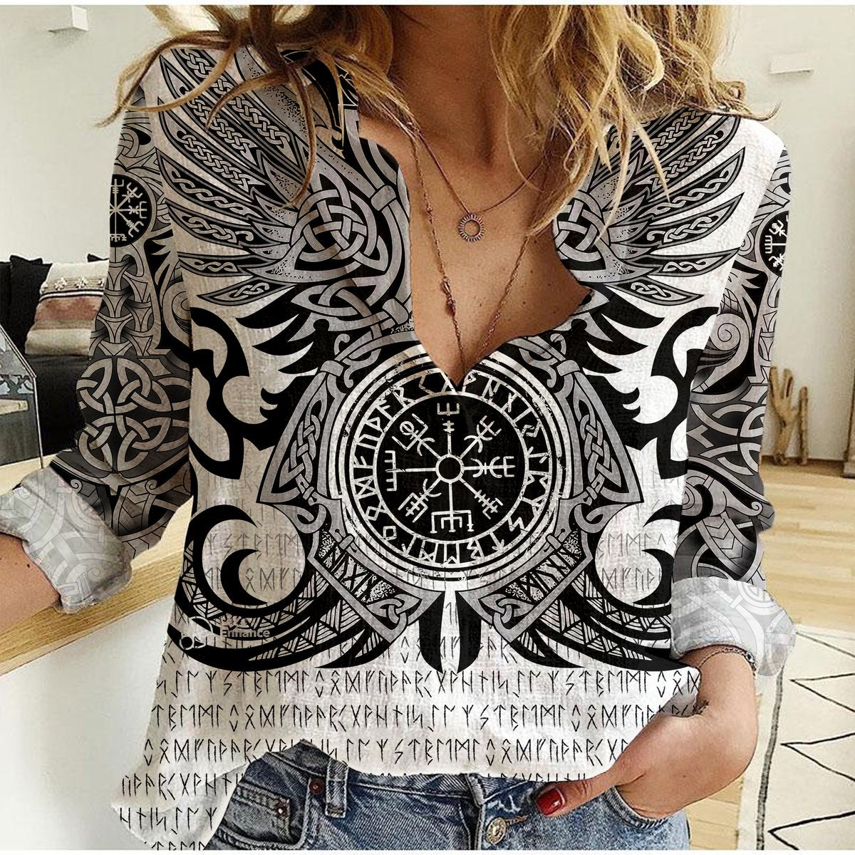 Women casual shirt, white with black Viking-style front emblem and runic pattern