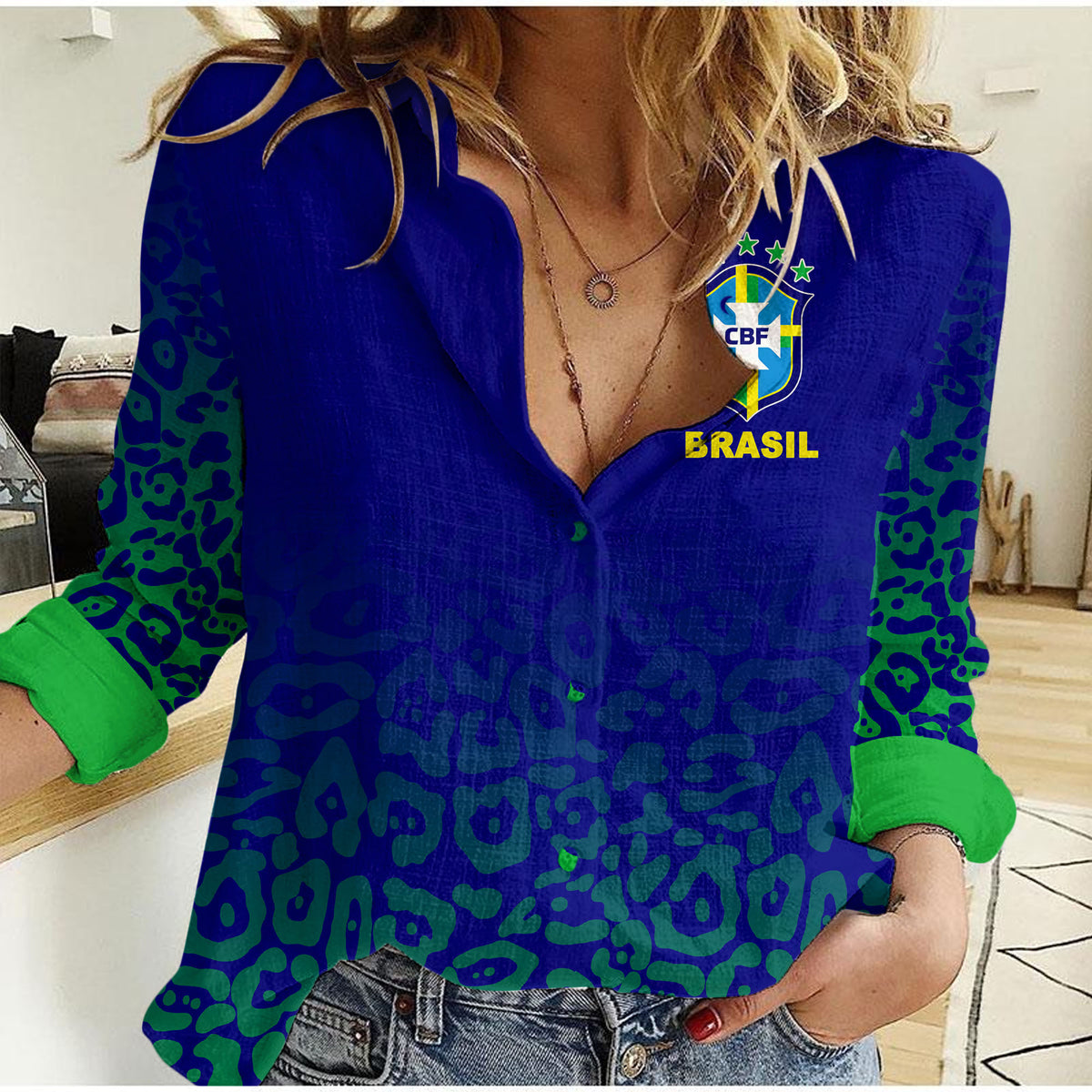 Women casual shirt with V-neck, long sleeves; blue with green camo pattern and Brasil crest