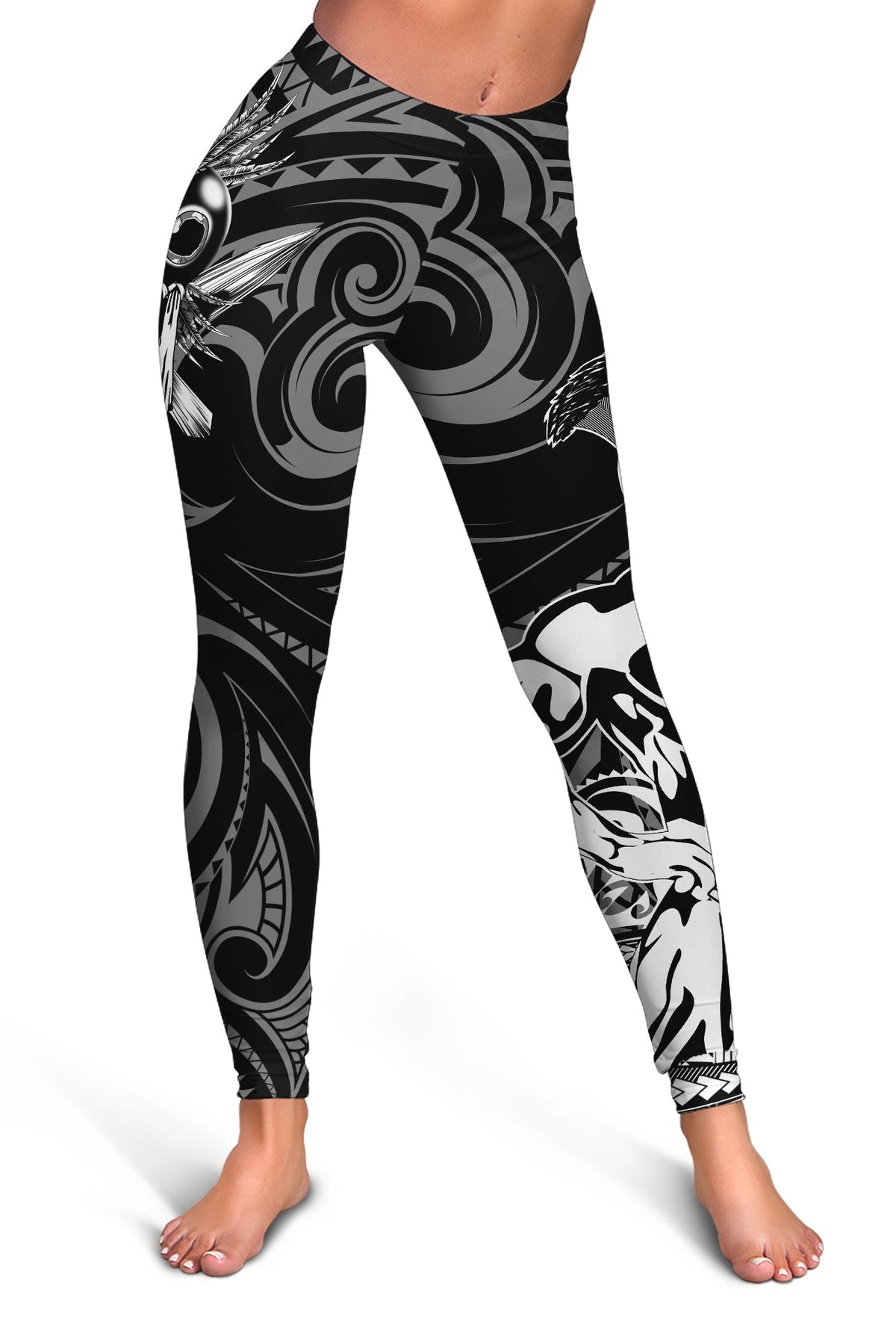 Women’s black leggings with swirling white tribal artwork, ankle length skinny fit