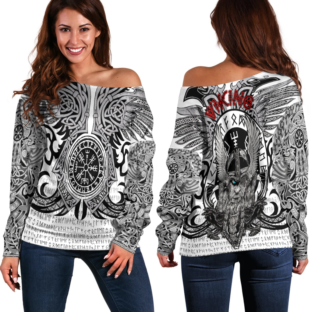 Viking Vegvisir Odin With Huginn And Muninn Women Off Shoulder Sweater - LT2 - Wonder Print Shop