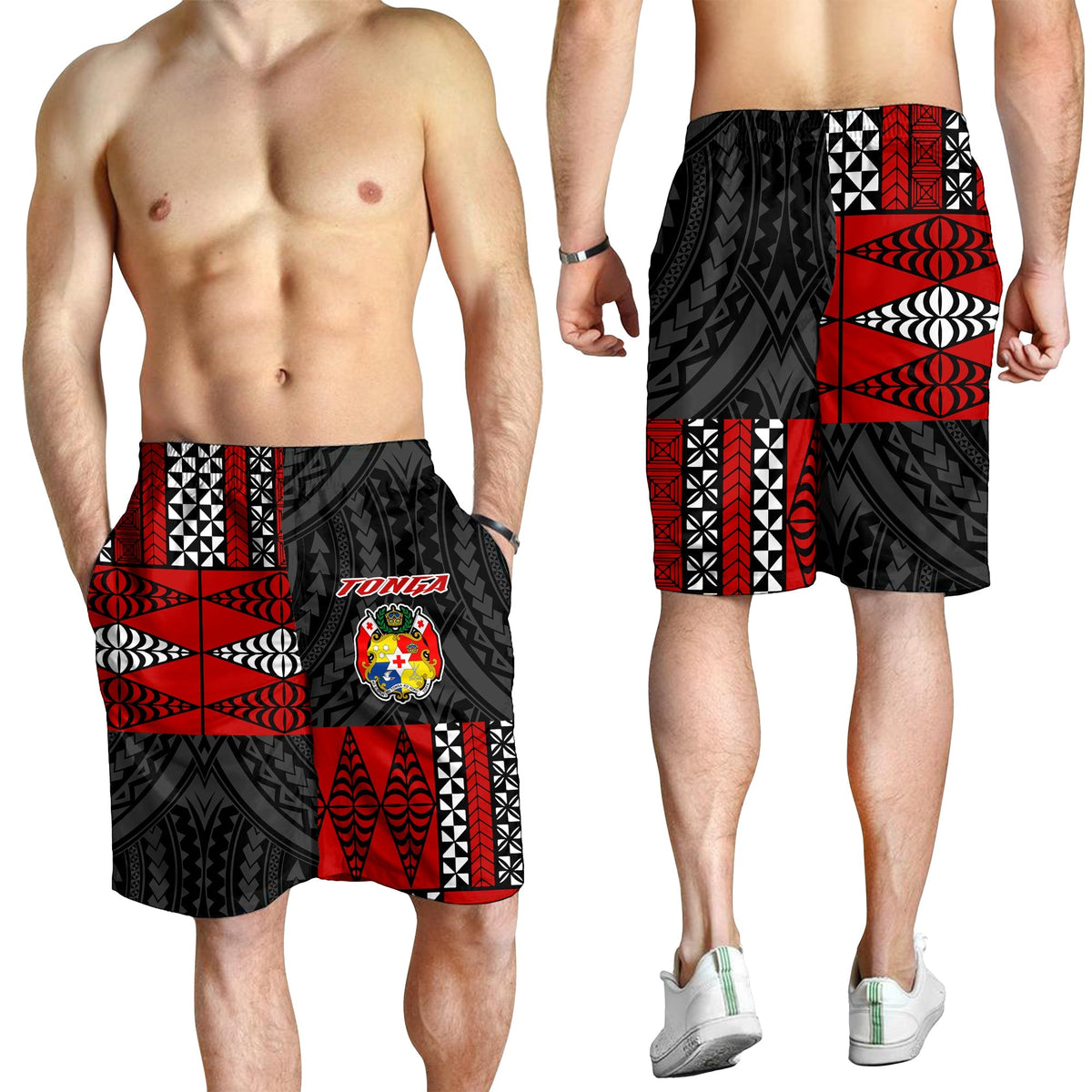 Men's Tonga-style swim shorts, black with red and white geometric Polynesian pattern panels