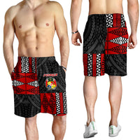 Men's Tonga-style swim shorts, black with red and white geometric Polynesian pattern panels
