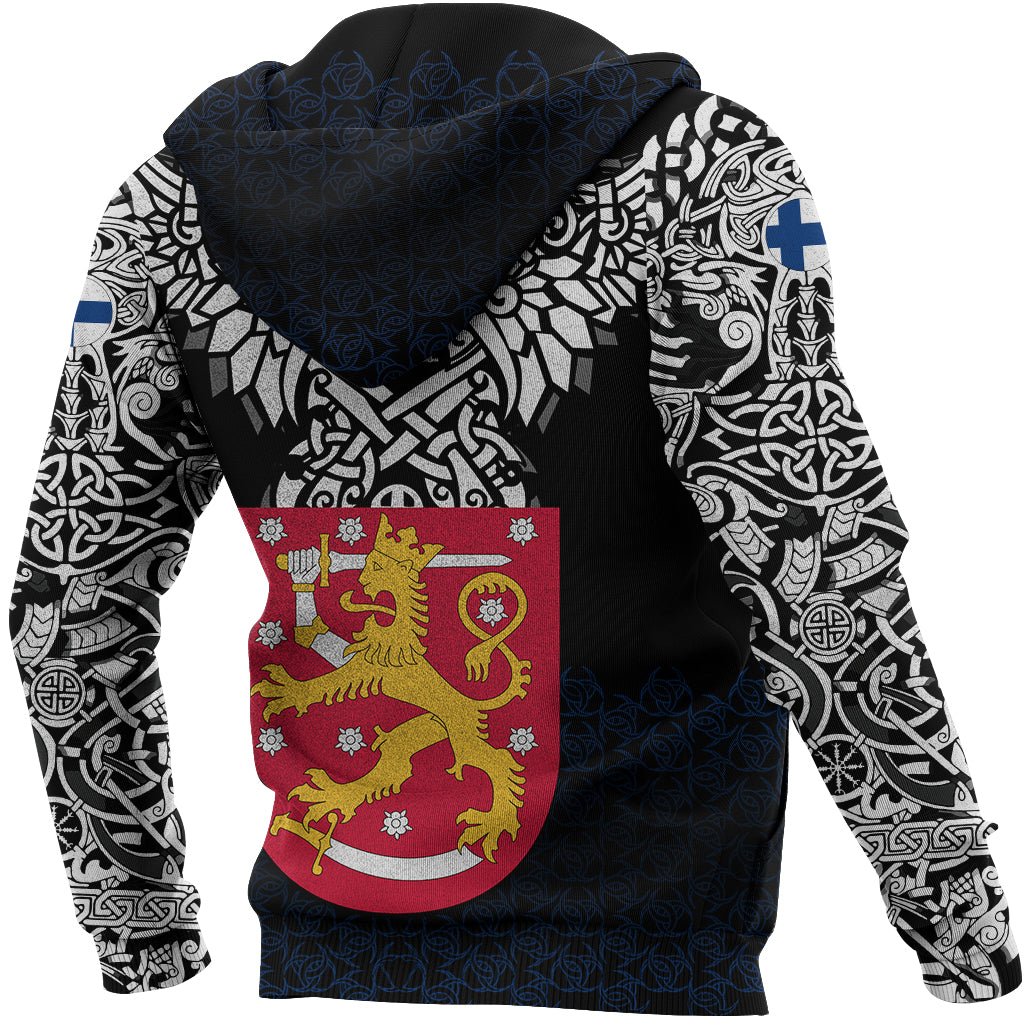 Black pullover hoodie, Viking crest on front, all-over rune print with blue-pattern hem