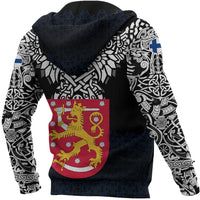 Black pullover hoodie, Viking crest on front, all-over rune print with blue-pattern hem