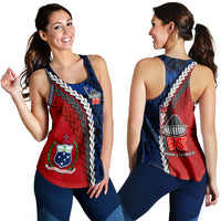 Racerback tank back view in blue and red with Polynesian print and FAST logo